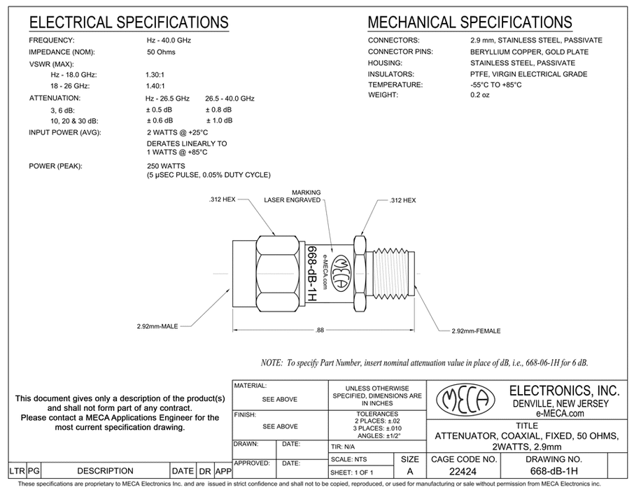 668-10-1H 2.9mm Fixed Attenuator electrical specs