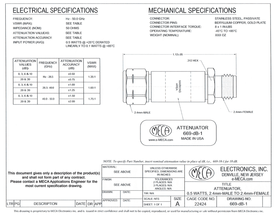 669-00-1 0.5W Attenuator electrical specs