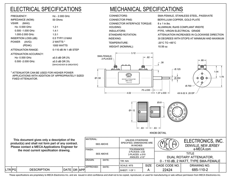 685-110-2 Manually Variable Attenuator electrical specs