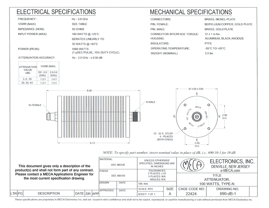 690-30-1 100W Attenuators electrical specs