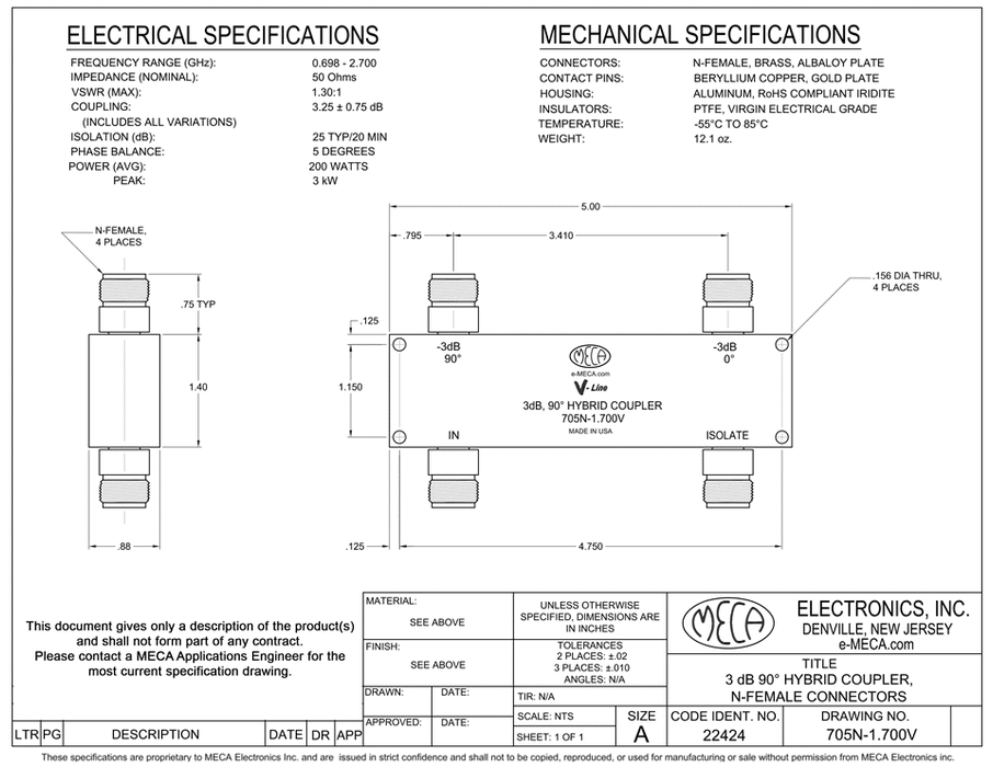 705N-1.700V N-Female 3dB Hybrid Coupler electrical specs