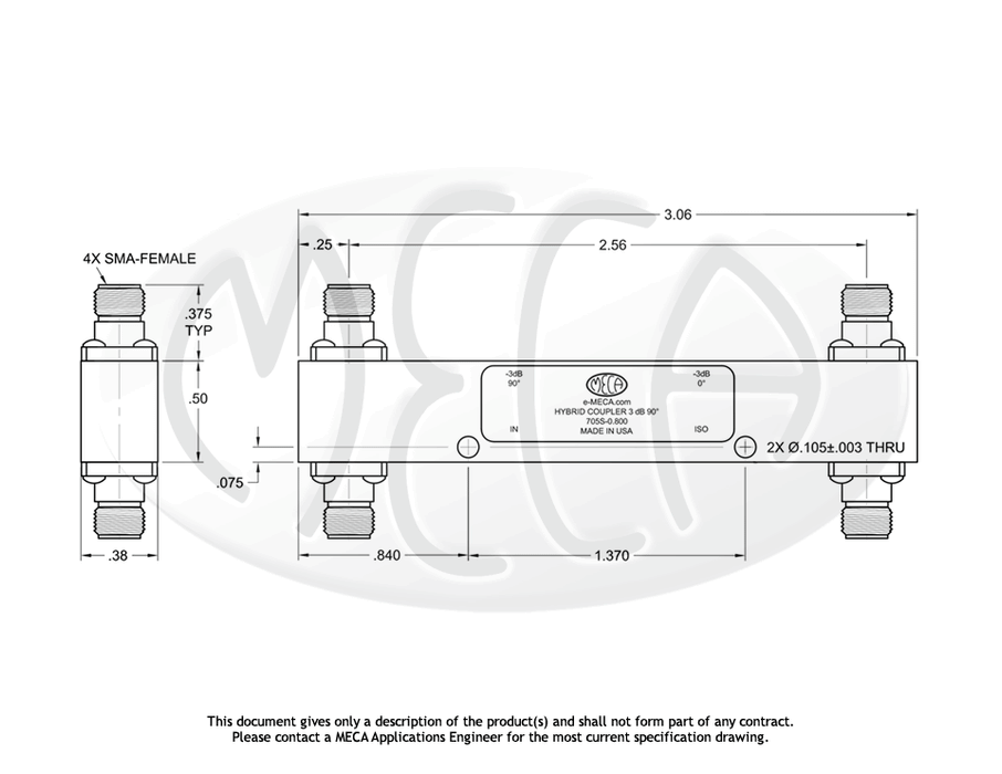 705S-0.800 SMA-Female 3dB Hybrid Coupler SMA-Female connectors drawing