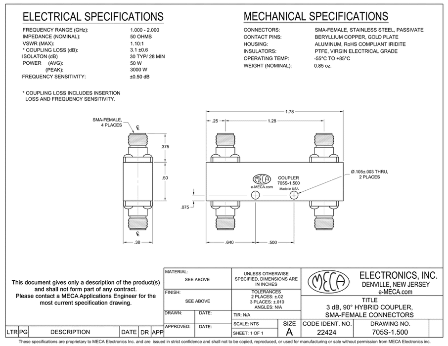705S-1.500 SMA-Female 3dB Hybrid Coupler electrical specs