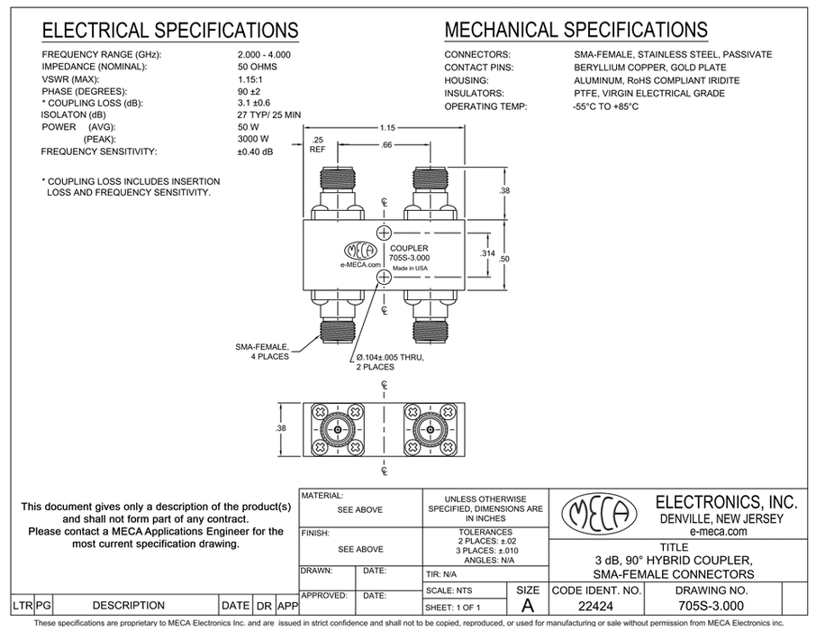 705S-3.000 SMA-Female 3dB Hybrid Coupler electrical specs