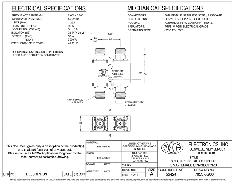 705S-3.900 SMA-Female 3dB Hybrid Coupler electrical specs