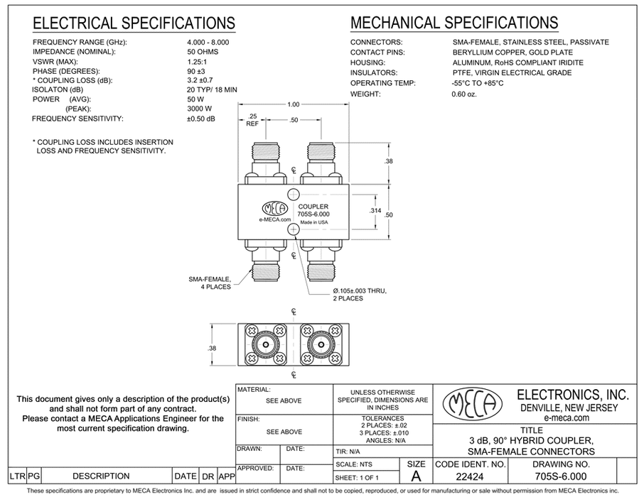 705S-6.000 SMA-Female 3dB Hybrid Coupler electrical specs