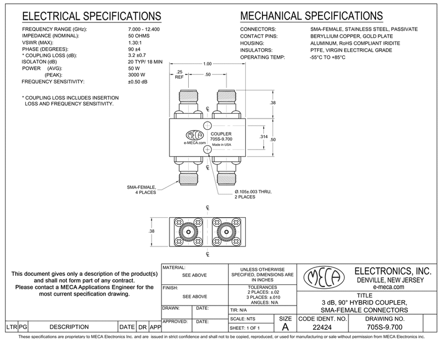705S-9.700 SMA-Female 3dB Hybrid Coupler electrical specs