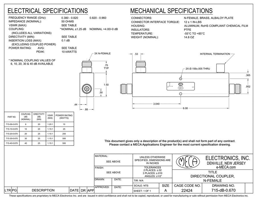 715-20-0.670 10 Watt Directional Coupler electrical specs