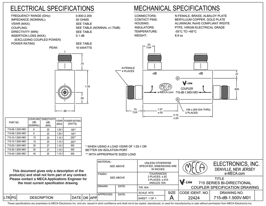 715-10-1.500V-M01 500 Watt Directional Coupler electrical specs