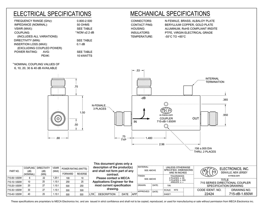 715-40-1.650W 500 Watt Directional Couplers electrical specs
