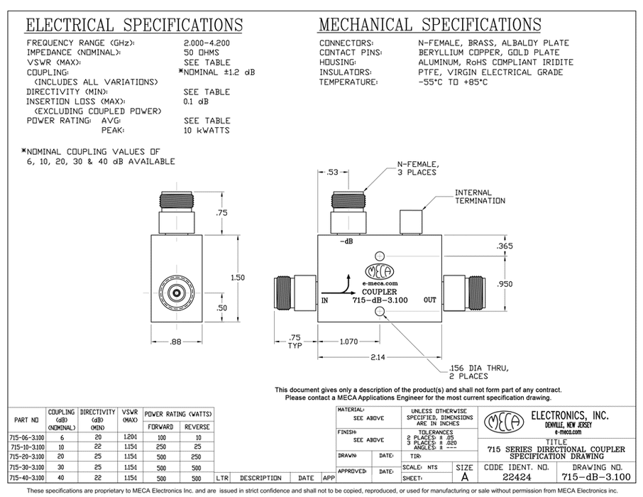 715-30-3.100 500-W Directional Couplers electrical specs