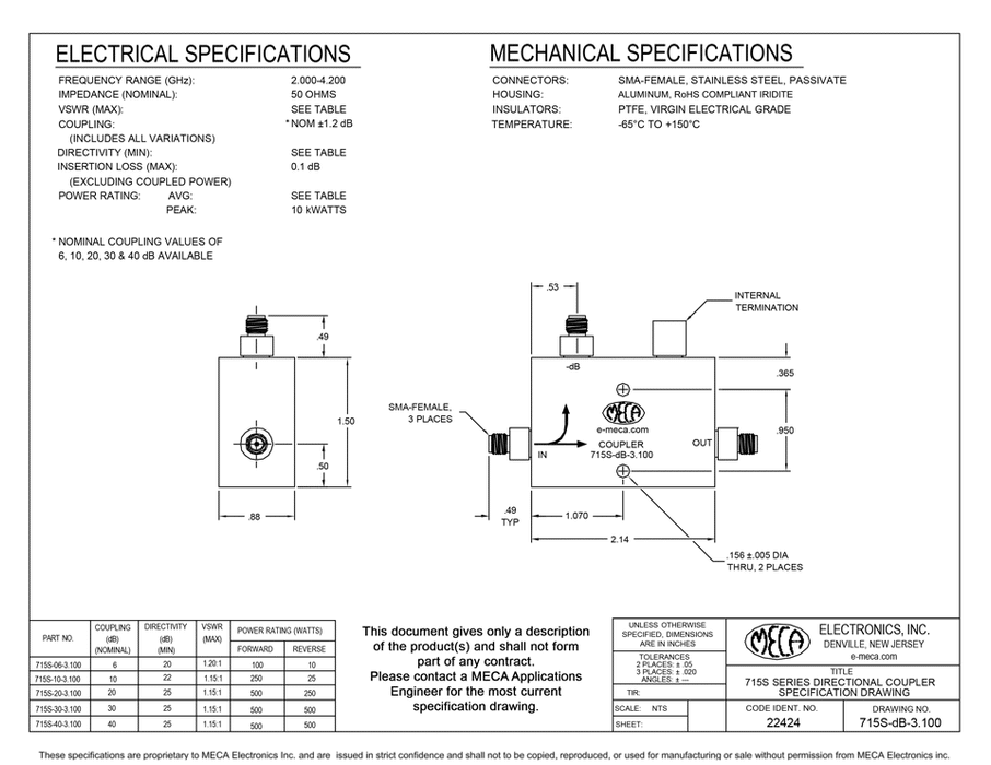 715S-20-3.100 Directional Coupler electrical specs