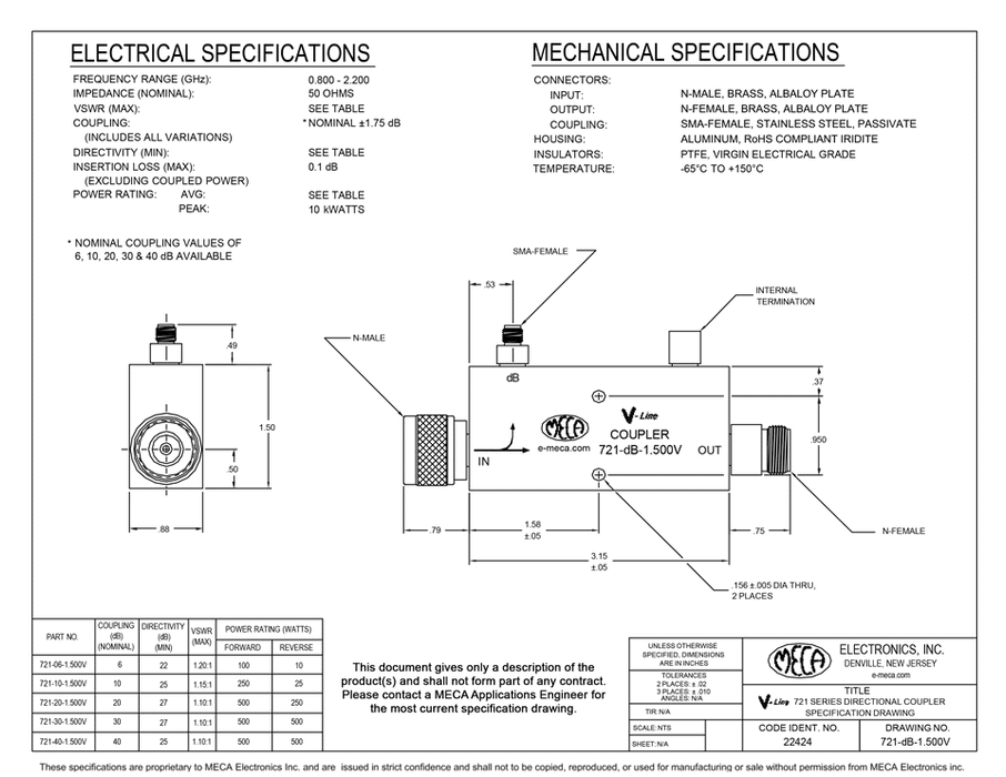 721-06-0.600 500Watt Directional Coupler electrical specs