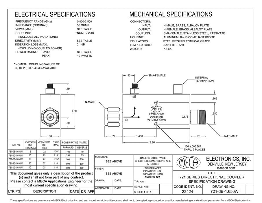 721-06-1.650W 500Watt Directional Couplers electrical specs
