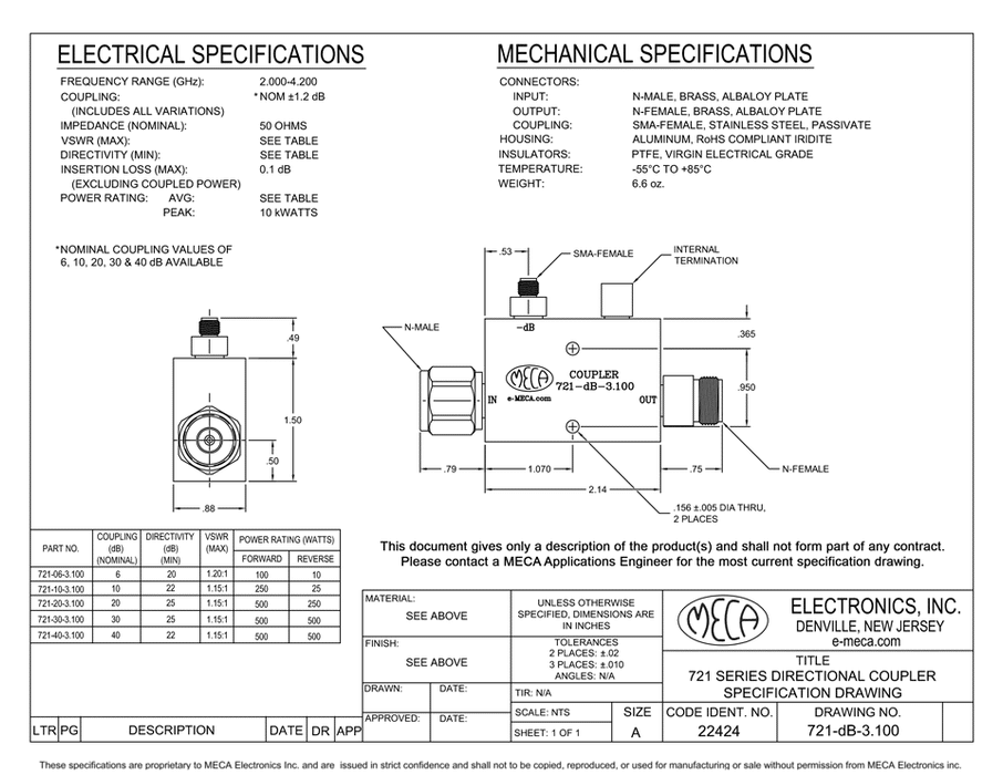 721-20-3.100 RF Directional Couplers electrical specs