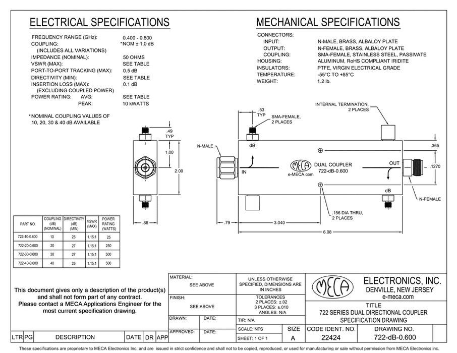 722-20-0.600 500 W Dual Directional Coupler electrical specs