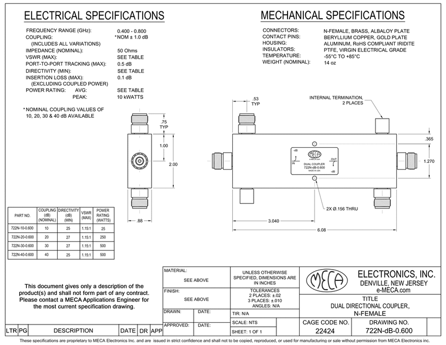 722N-30-0.600 N-Female Dual Directional Couplers electrical specs