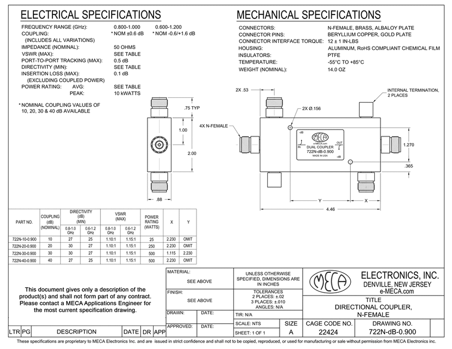 722N-30-0.900 N Female Dual Directional Coupler electrical specs