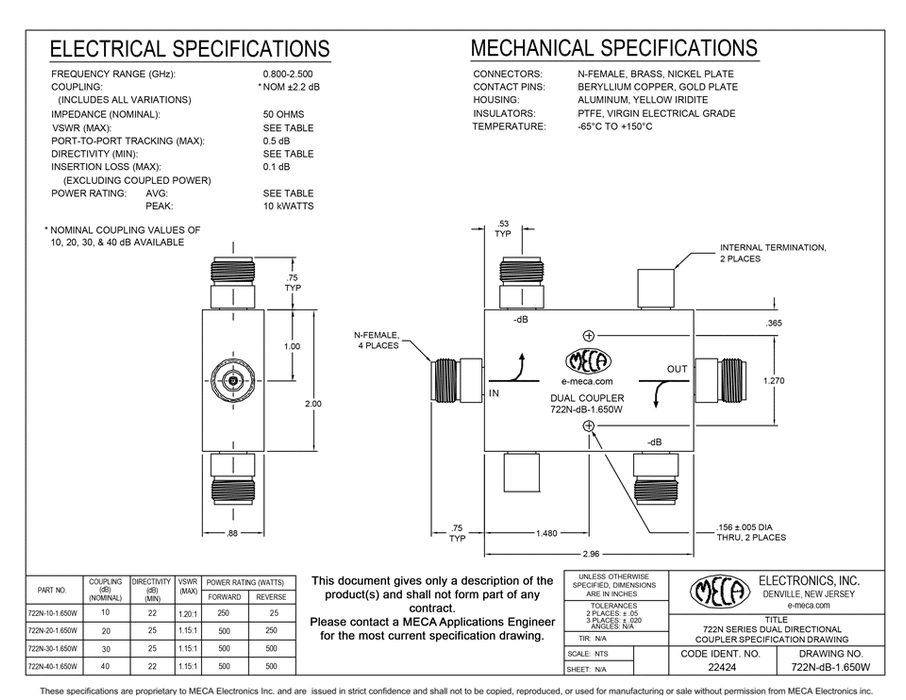 722N-30-1.650W N Type Dual Directional Coupler electrical specs