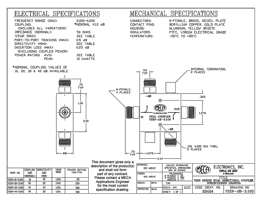 722N-40-3.100 RF Dual Directional Coupler electrical specs