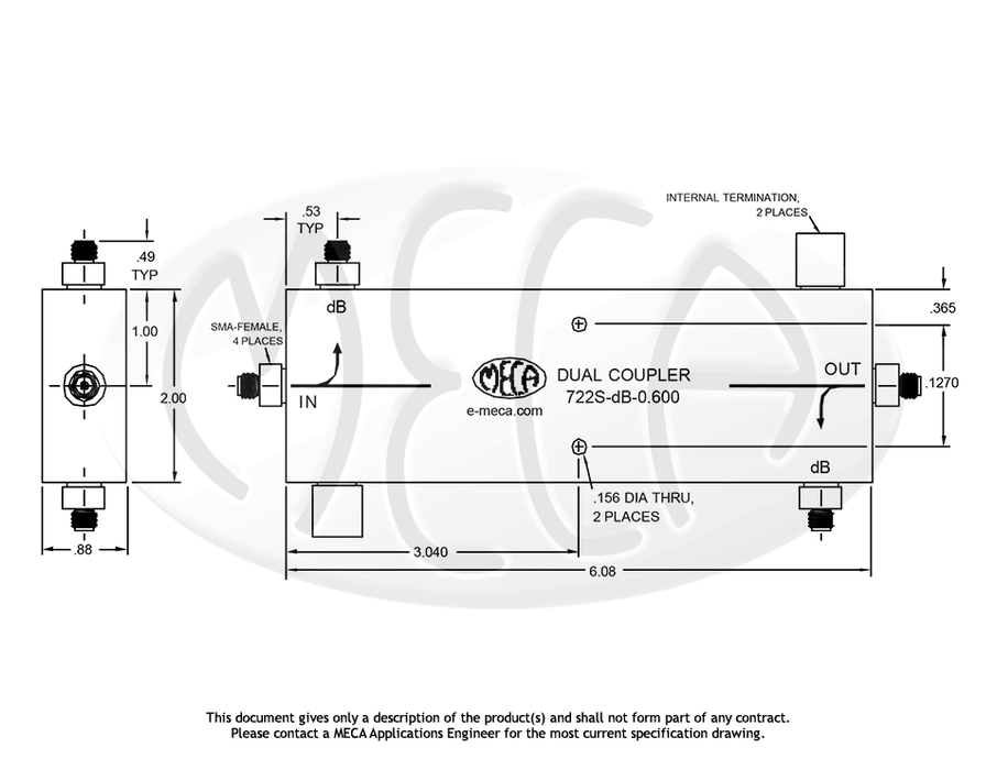 722S-30-0.600 100 W Dual Coupler SMA-Female connectors drawing