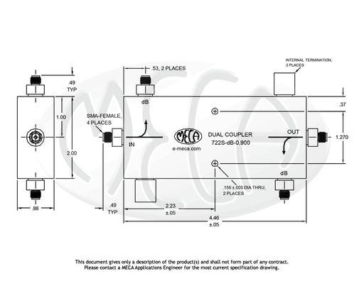 722S-30-0.900 100 W Dual Couplers SMA-Female connectors drawing