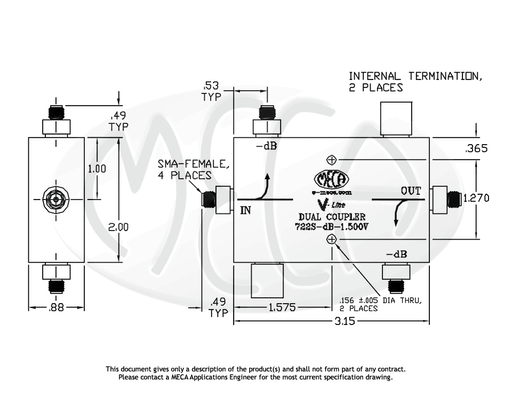 722S-40-1.500V 100-Watts Dual Coupler SMA-Female connectors drawing