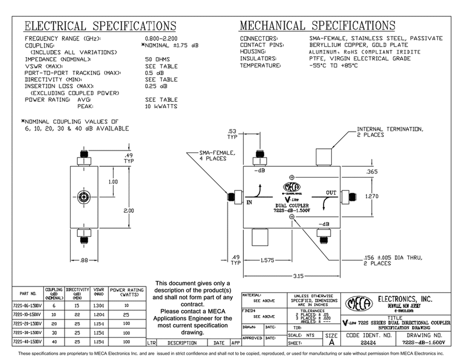 722S-30-1.500V 100W Dual Coupler electrical specs
