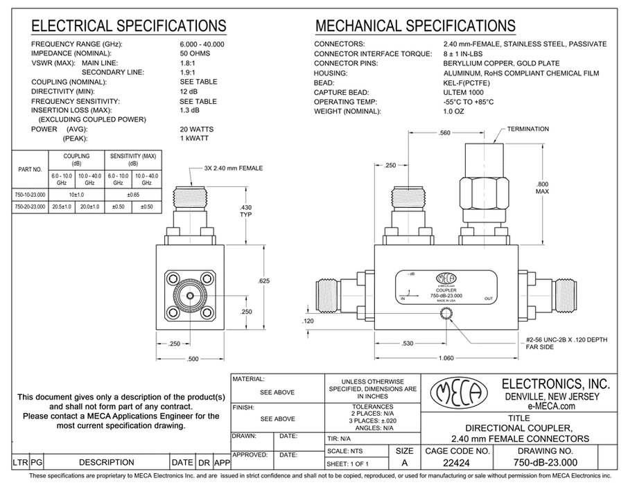 750-20-23.000 mmWave Directional Coupler electrical specs