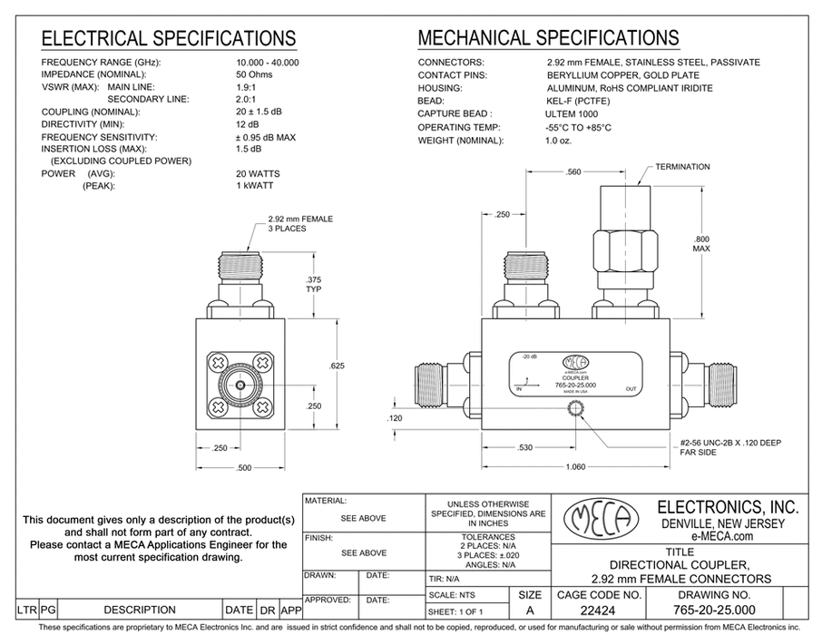 765-20-25.000 2.92mm Directional Coupler electrical specs