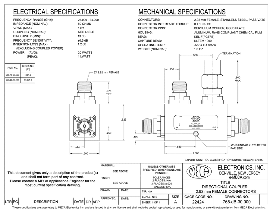 765-20-30.000 20 Watts Directional Couplers electrical specs
