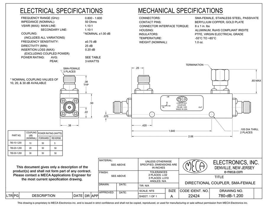 780-10-1.200 50 Watts Stripline RF Directional Couplers electrical specs