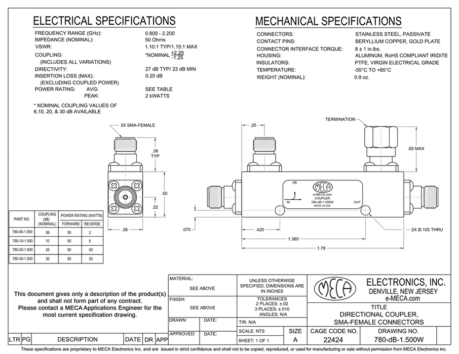 780-06-1.500W Stripline RF Directional Coupler electrical specs