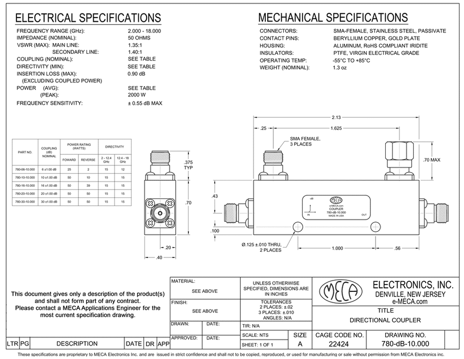 780-10-10.000 SMA-F Stripline Couplers electrical specs