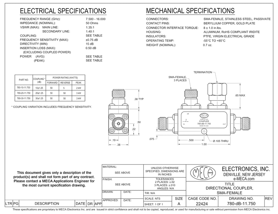 780-20-11.750 RF- Stripline Directional Coupler electrical specs