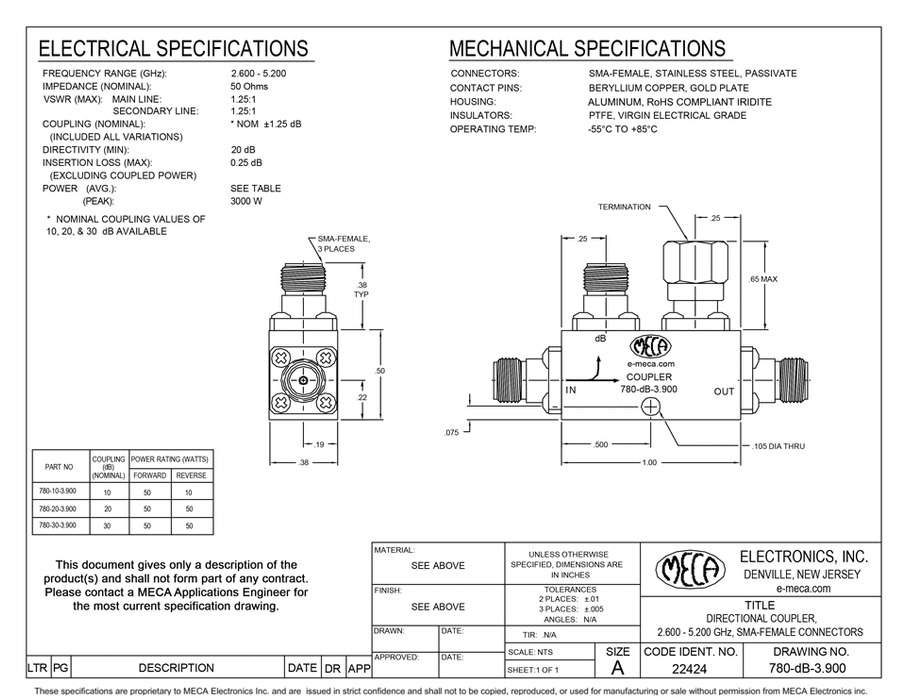 780-10-3.900 50 W RF Directional Couplers electrical specs