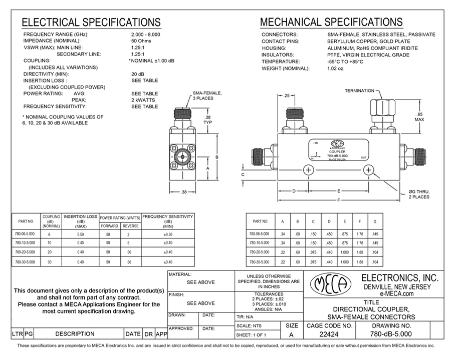 780-06-5.000 50W Stripline RF Directional Couplers electrical specs