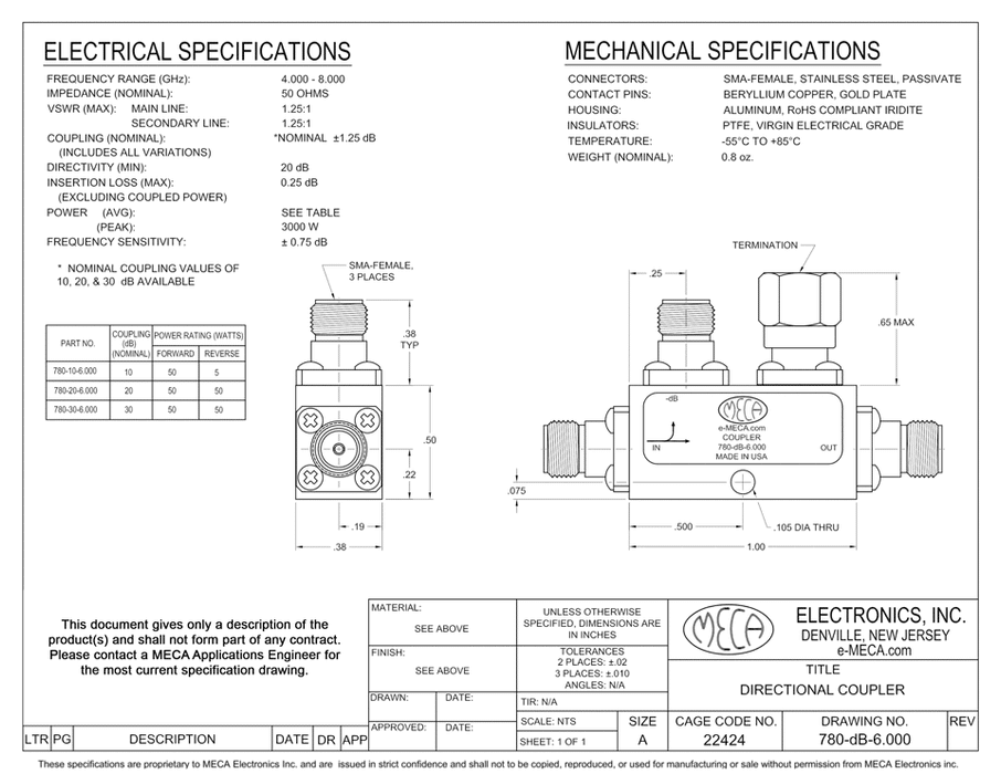 780-20-6.000 SMA Directional Coupler electrical specs