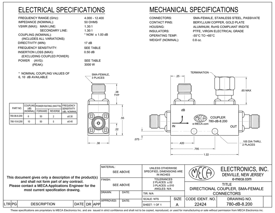 780-06-8.200 50 Watt Stripline RF Directional Coupler electrical specs
