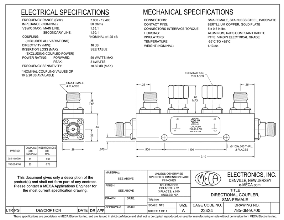 785-20-9.700 50 Watt RF Directional Couplers electrical specs