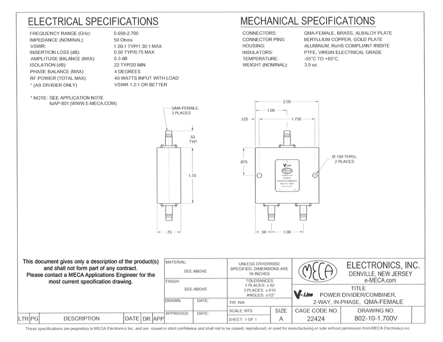 802-10-1.700V QMA Power Divider electrical specs