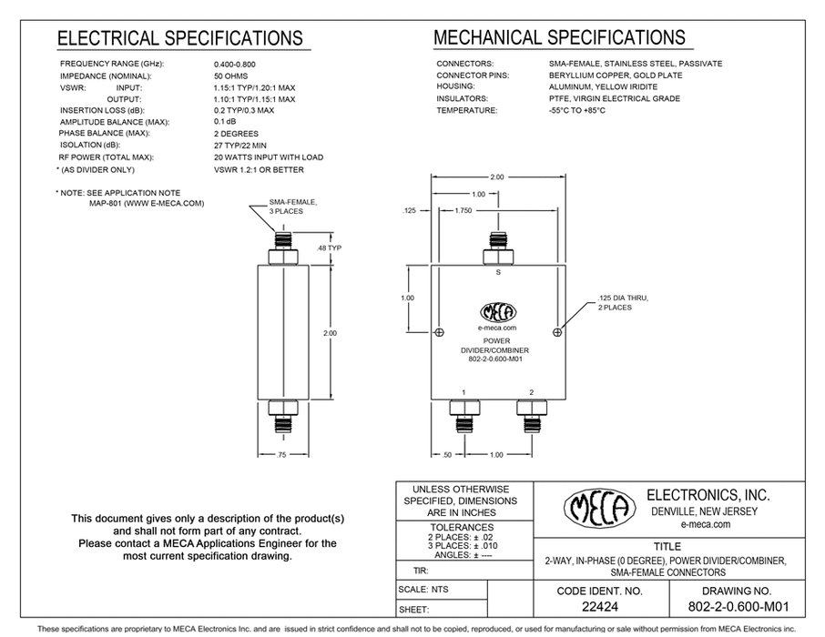 802-2-0.600-M01 2-way SMA-Female Power Divider electrical specs