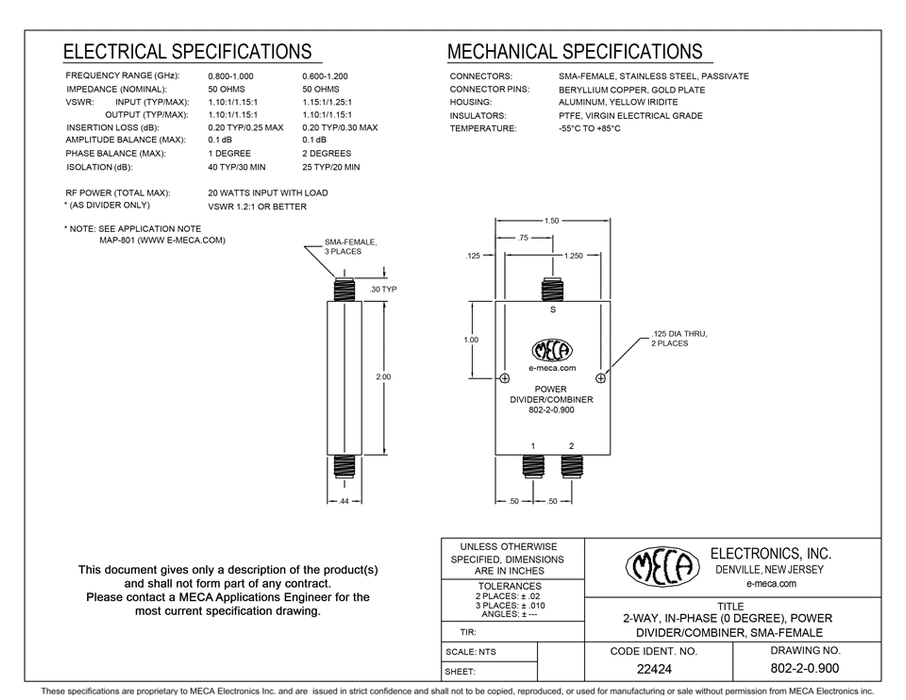 802-2-0.900 2-way SMA Power Divider electrical specs