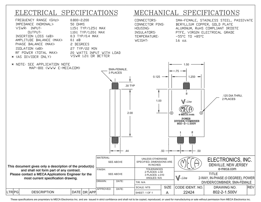 802-2-1.500V 2 Way SMA Power Divider electrical specs