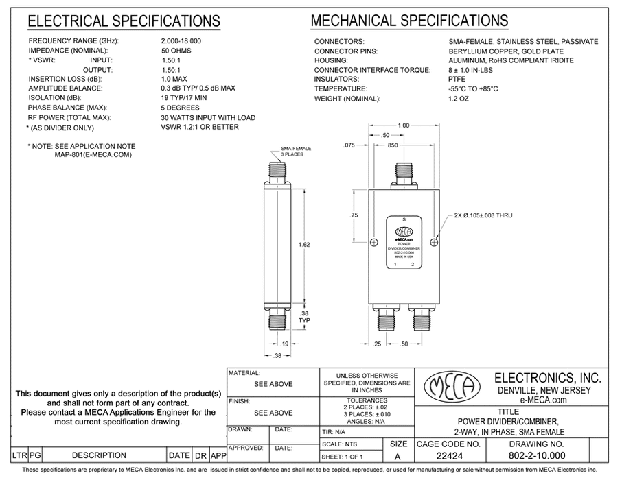 802-2-10.000 SMA-F Power Dividers electrical specs