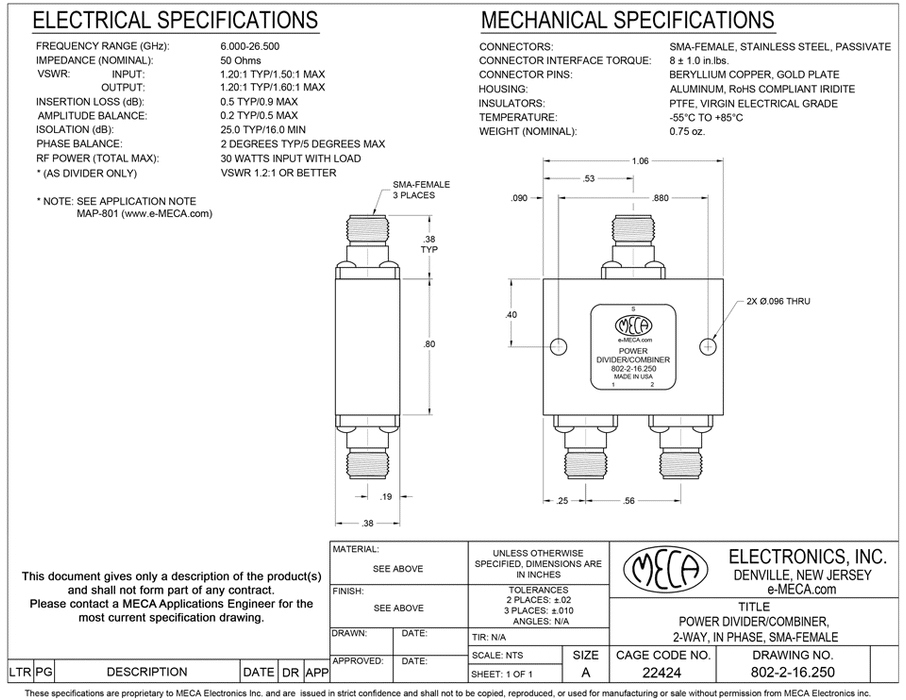802-2-16.250 2 Way SMA F Power Dividers electrical specs