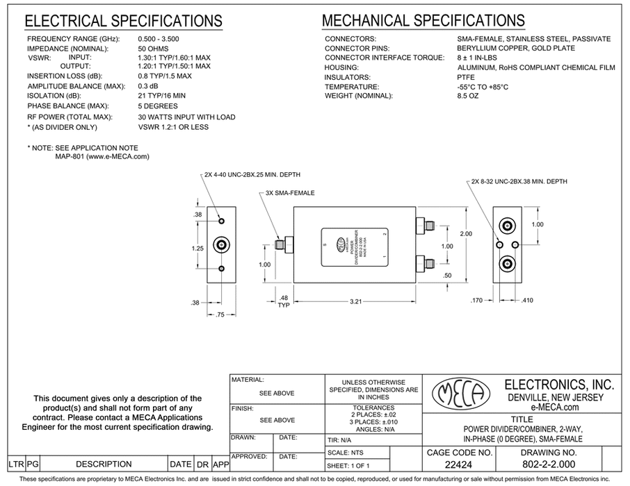 802-2-2.000 2-Way SMA-F Power Divider electrical specs