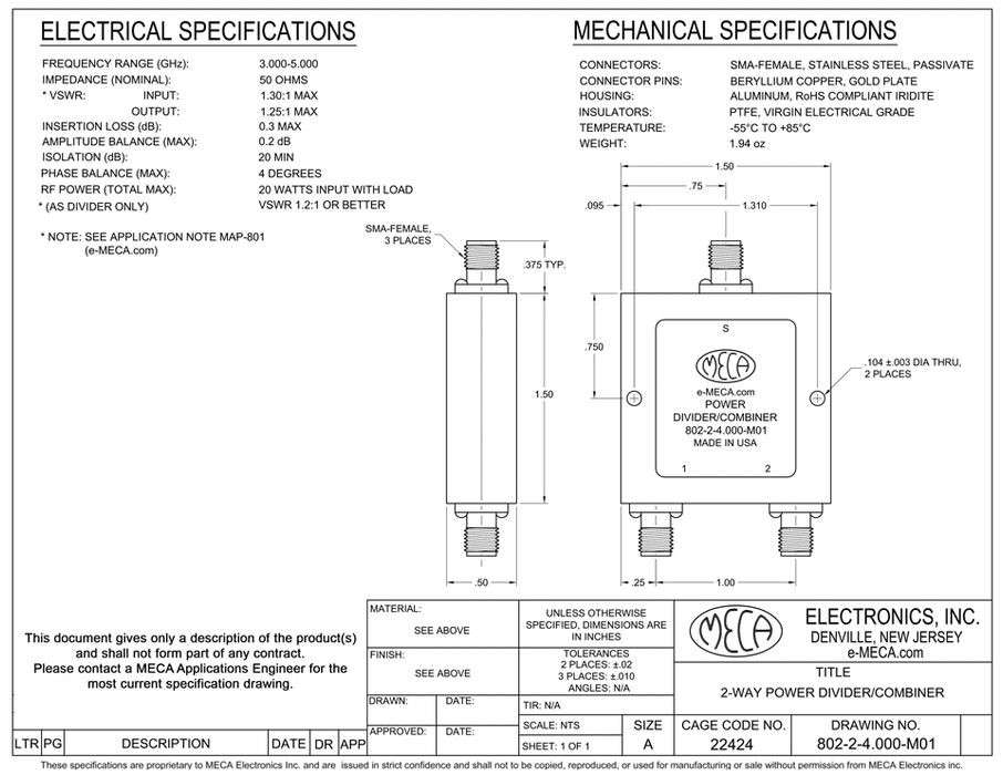 802-2-4.000-M01 2-way SMA Power Dividers electrical specs