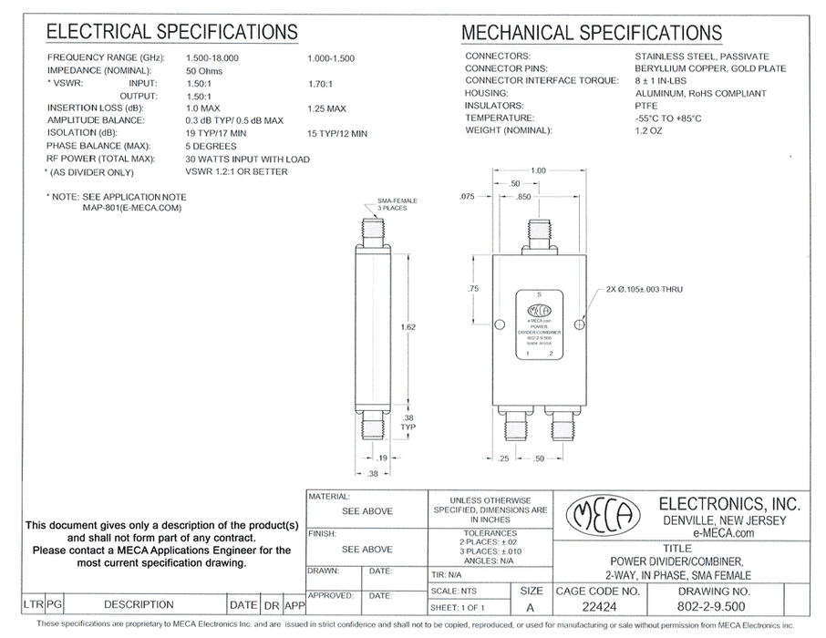 802-2-9.500 2-Way SMA Power Dividers electrical specs