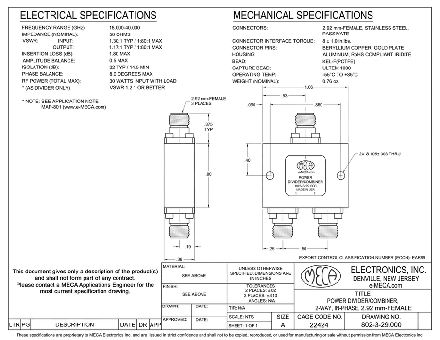 802-3-29.000 2.92mm-F Power Divider electrical specs